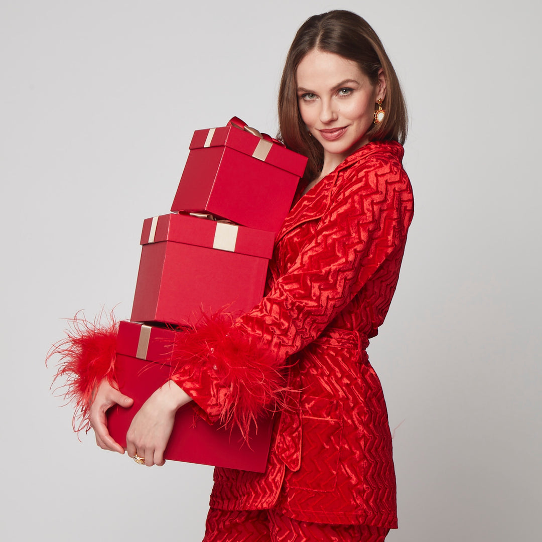 RED VELVET JACKET WITH DETACHABLE FEATHER CUFFS